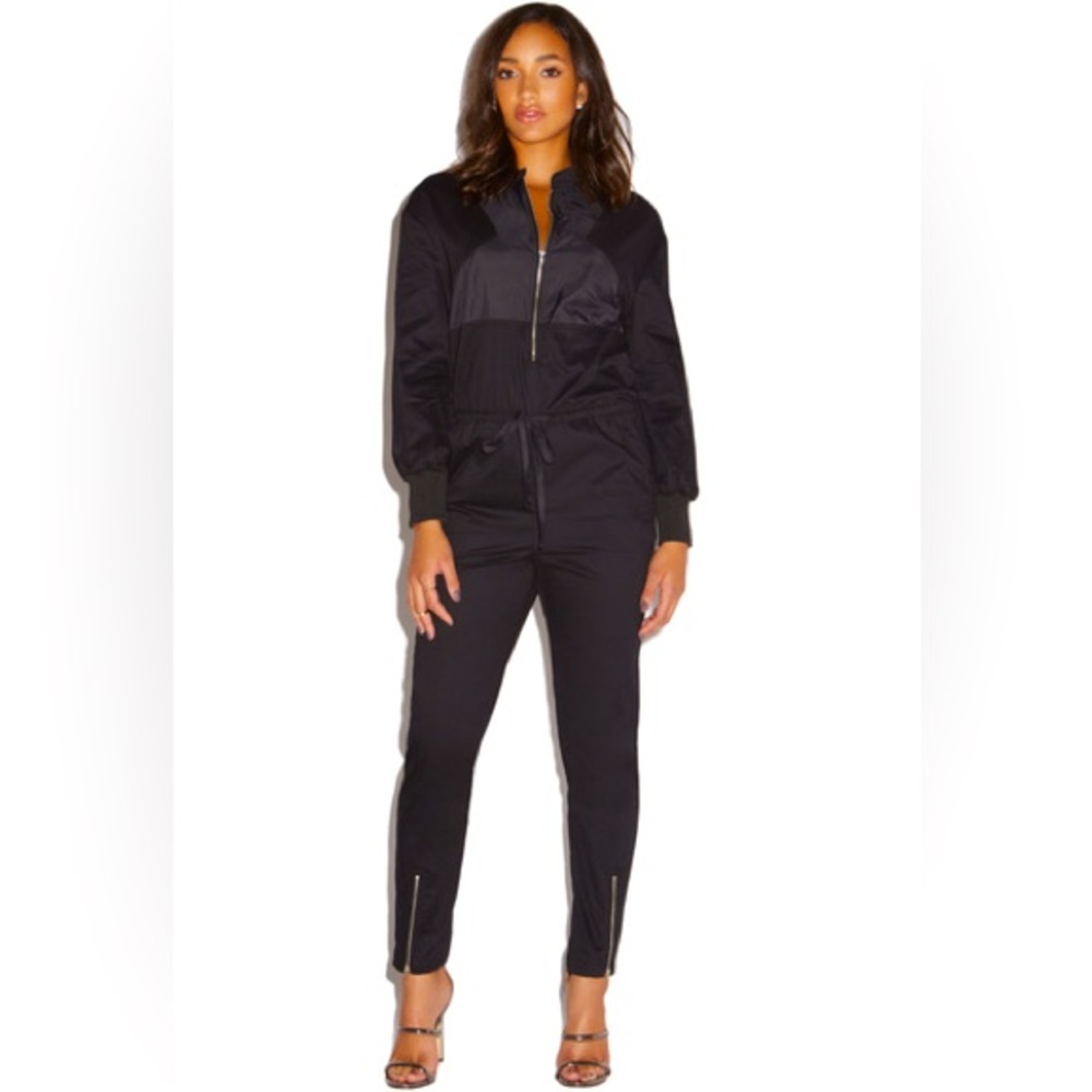 JUSTFAB MIXED FABRIC JUMPSUIT